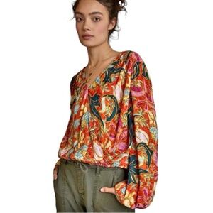 Anthropologie Adeline Surplice Wrap Top Paisley Print Orange Navy Size XS
